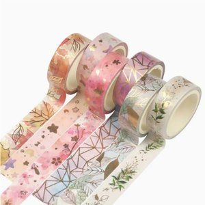 NEW 6 Rolls Washi Tape Gold Foiled Leaves, Geometric, Stars - Pink/ Purple
